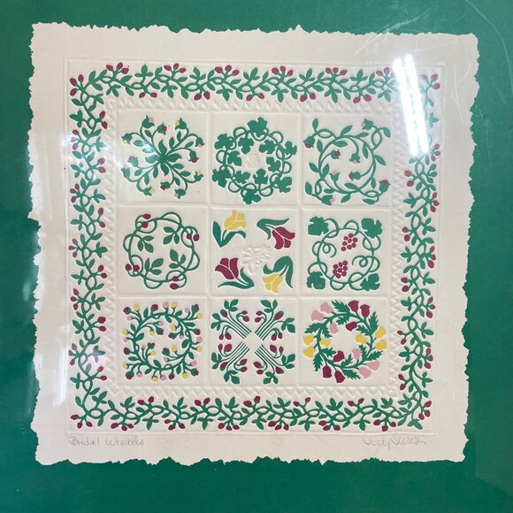 Signed Judy Swerlick Floral Quilt Design Embossed Artwork In Green Mat 18"x18" - Picture 2 of 10